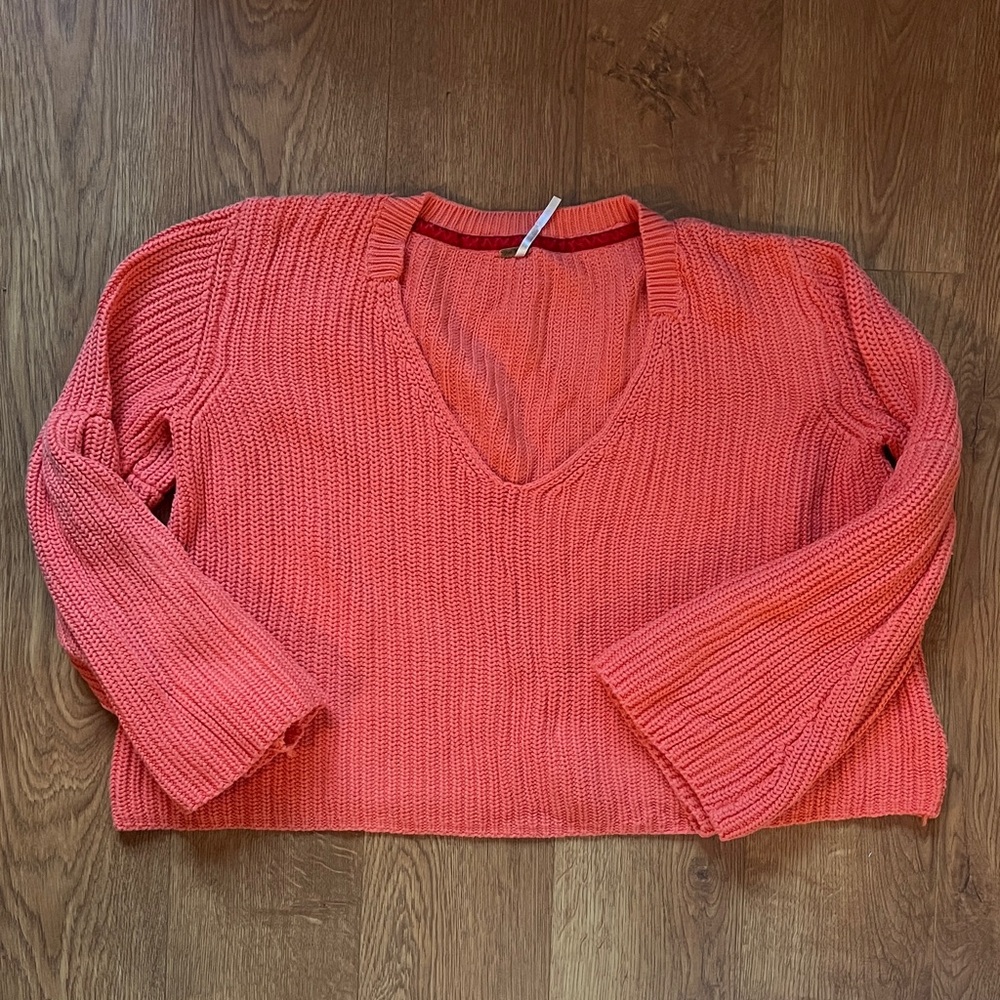 Free People Coral Knit Bell Sleeve V-Neck Cropped Sweater Size L
